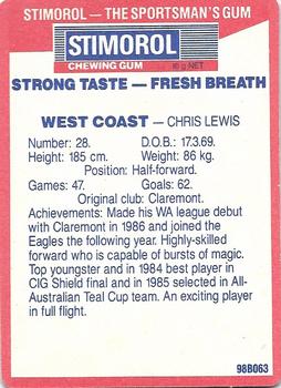 1990 AFL Scanlens Stimorol #125 Chris Lewis Back